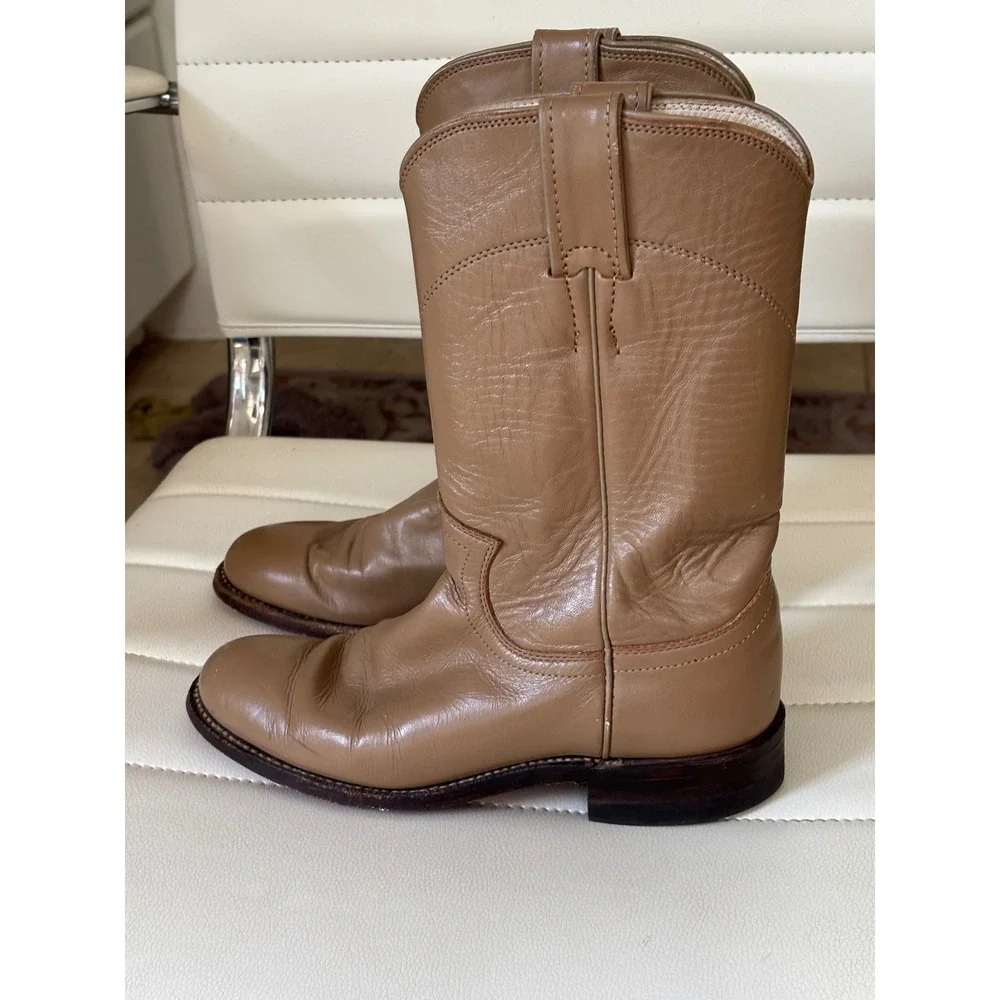 Justin Tan Leather Roper Boots Round Toe Western Equestrian Low Heel Womens 4.5